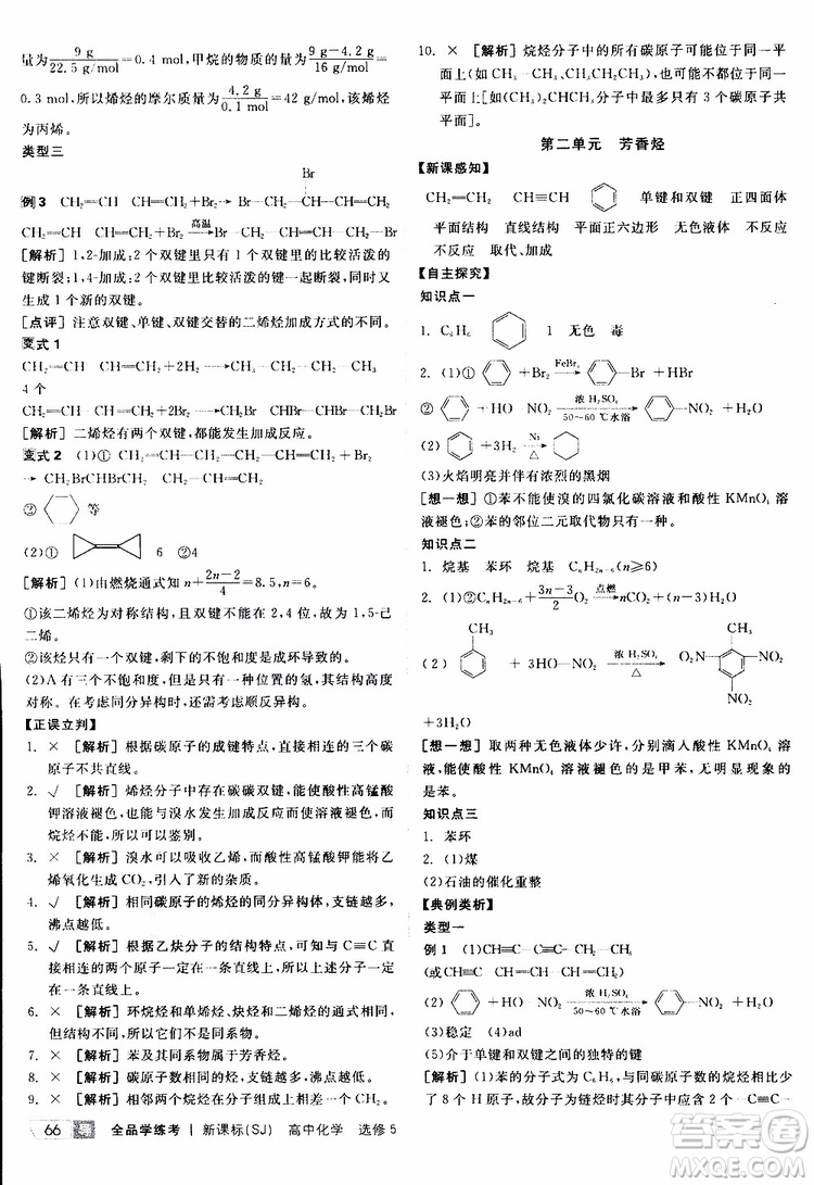 2019年全品學(xué)練考測評卷高中化學(xué)選修5有機化學(xué)基礎(chǔ)蘇教版SJ參考答案