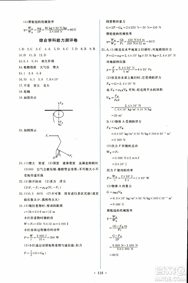 2019版天舟文化能力培養(yǎng)與測試八年級下冊物理人教版參考答案