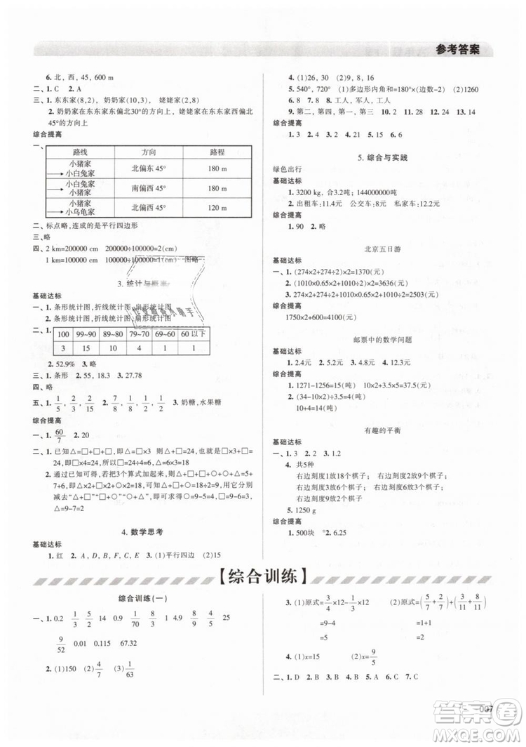 2019春人教版學(xué)習(xí)質(zhì)量監(jiān)測六年級數(shù)學(xué)下冊參考答案