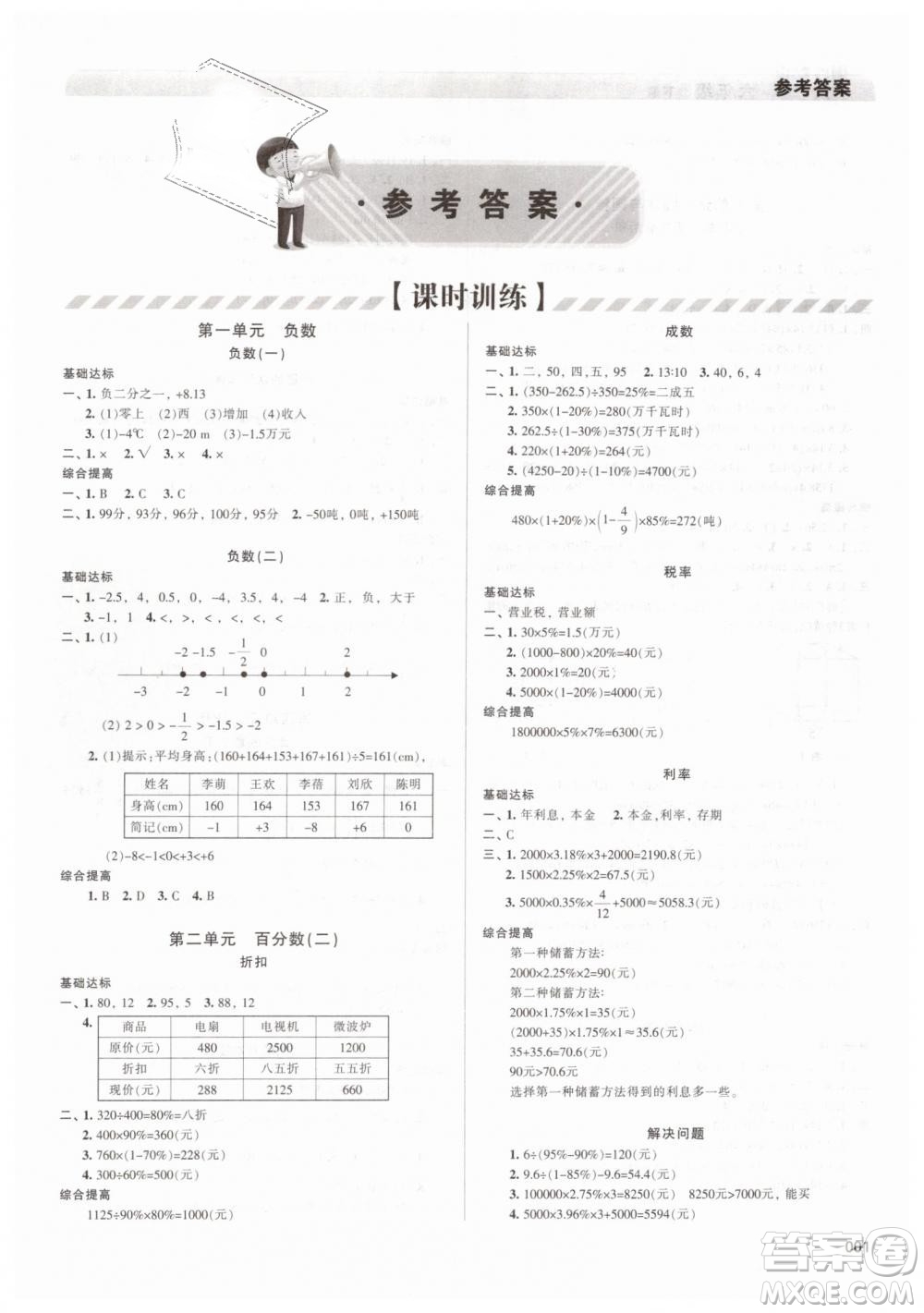 2019春人教版學(xué)習(xí)質(zhì)量監(jiān)測六年級數(shù)學(xué)下冊參考答案