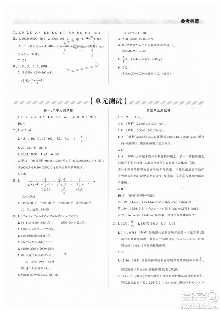 2019春人教版學(xué)習(xí)質(zhì)量監(jiān)測六年級數(shù)學(xué)下冊參考答案