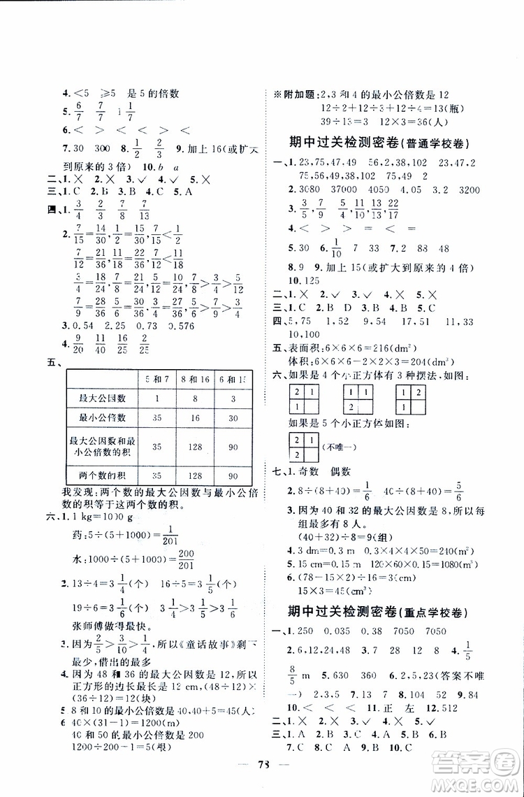 陽(yáng)光同學(xué)2019版五年級(jí)下冊(cè)數(shù)學(xué)一線名師全優(yōu)好卷人教版參考答案