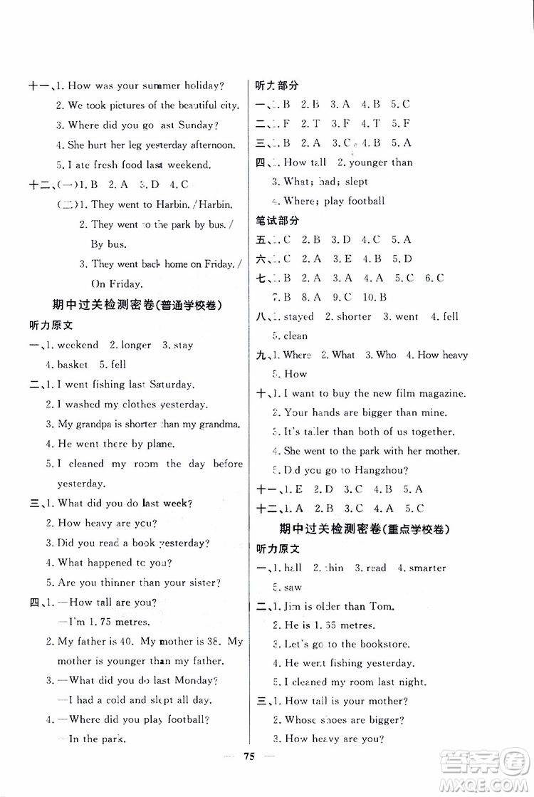 2019新版陽光同學(xué)六年級下冊試卷英語一線名師全優(yōu)好卷人教版參考答案