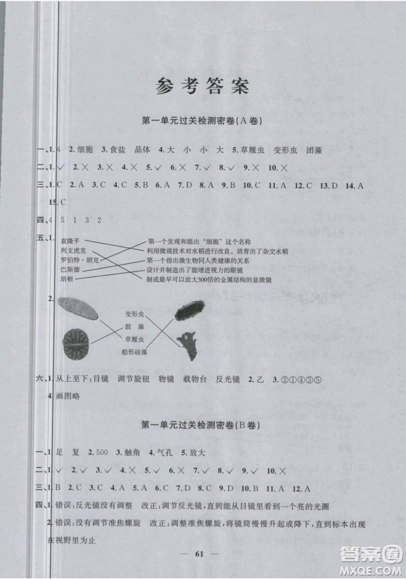 2019新版陽光同學(xué)六年級(jí)下冊(cè)試卷科學(xué)一線名師全優(yōu)好卷JK教科版參考答案