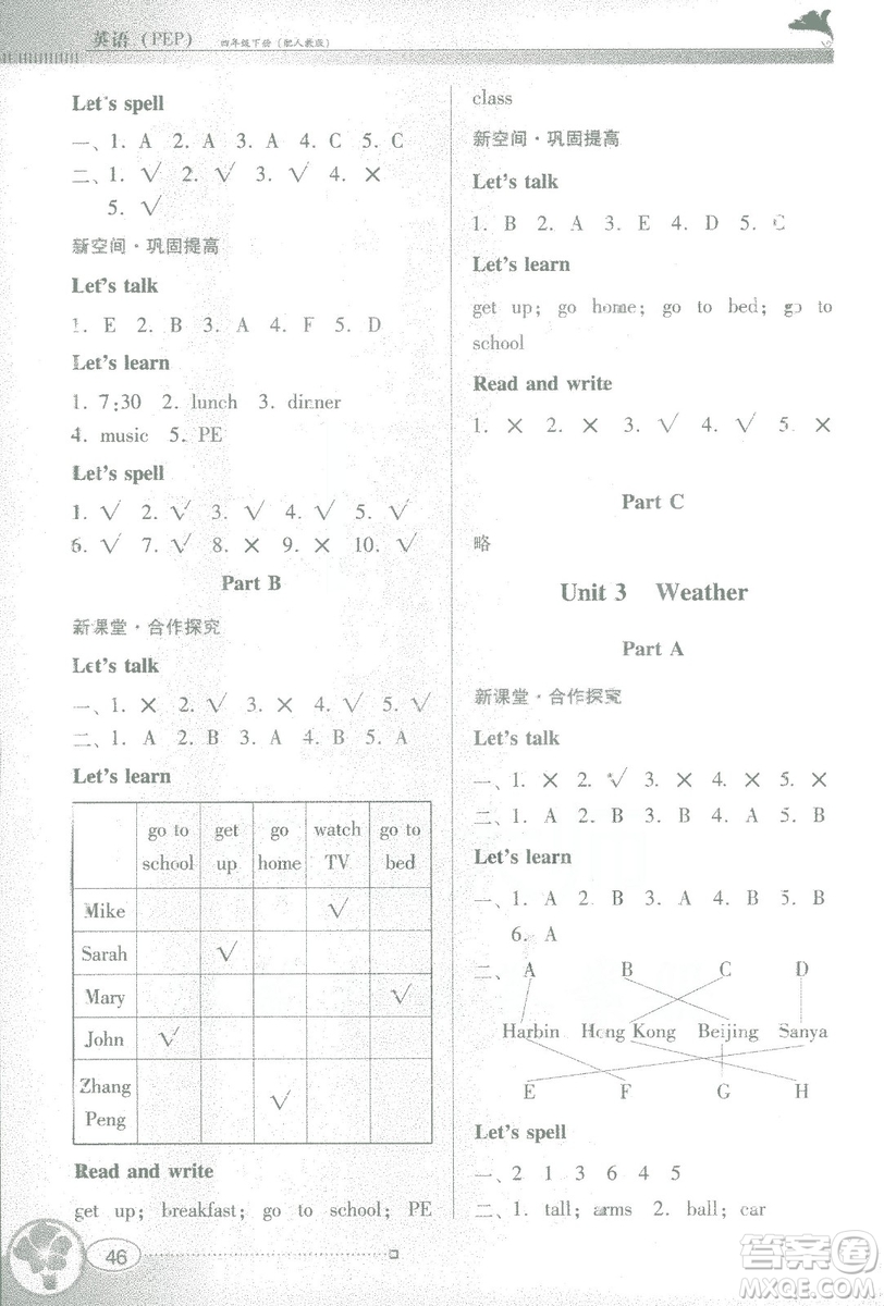 金牌學(xué)案英語四年級下冊2019年人教版PEP南方新課堂參考答案