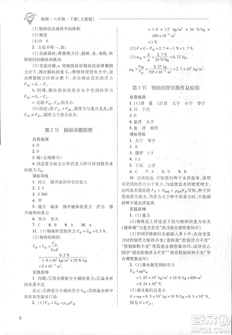 2019新課程問題解決導(dǎo)學(xué)方案八年級下冊物理人教版答案