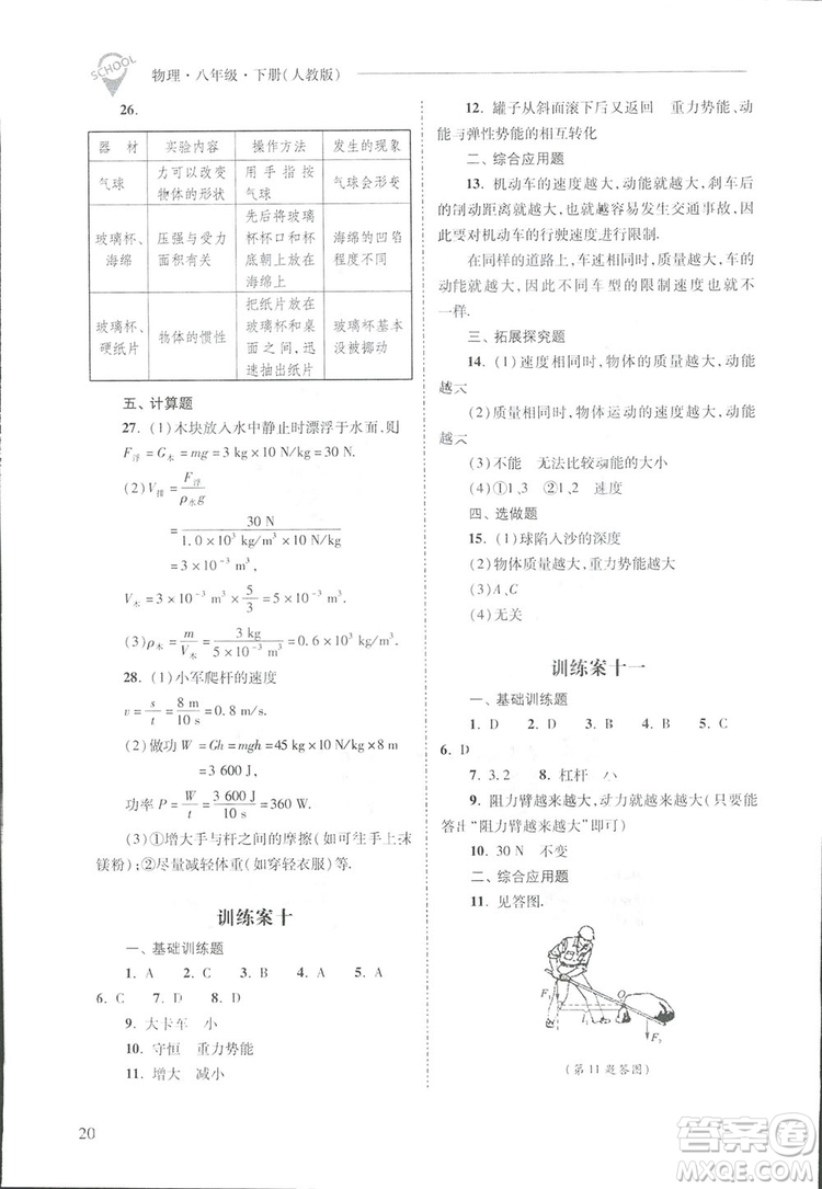 2019新課程問題解決導(dǎo)學(xué)方案八年級下冊物理人教版答案