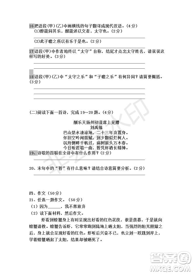 河南省2019年中考語(yǔ)文模擬試題及參考答案