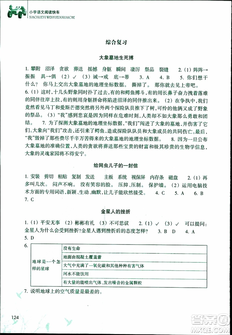 2019年新課標(biāo)小學(xué)語(yǔ)文閱讀快車六年級(jí)下冊(cè)升級(jí)版參考答案