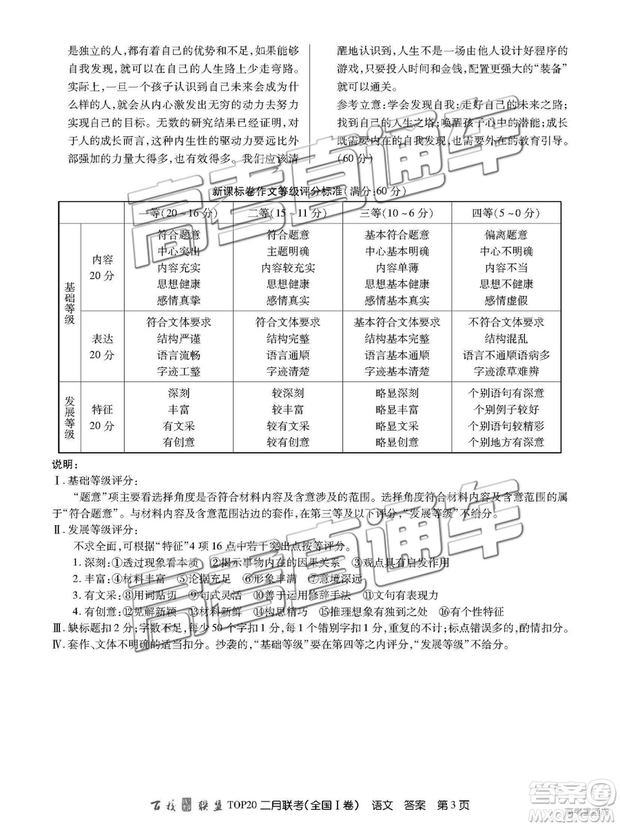 2019年百校聯(lián)盟TOP20二月聯(lián)考全國Ⅰ卷語文參考答案