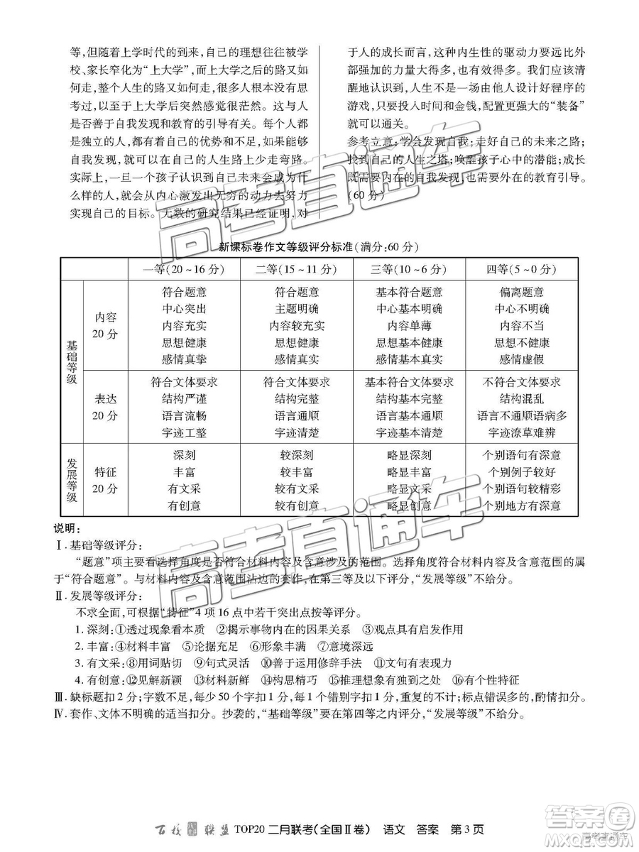 2019年百校聯(lián)盟TOP20二月聯(lián)考全國Ⅱ卷語文參考答案