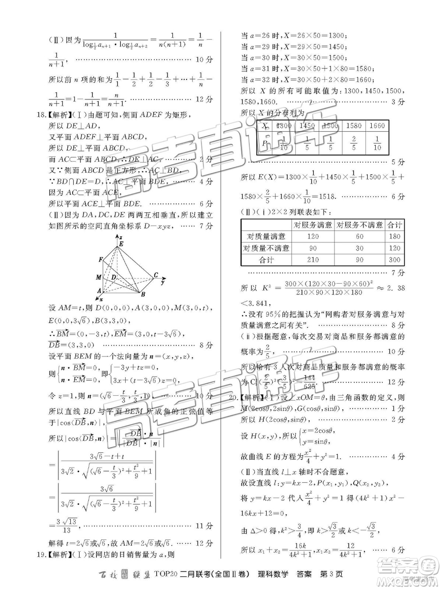 2019年百校聯(lián)盟TOP20二月聯(lián)考全國Ⅱ卷理數(shù)參考答案