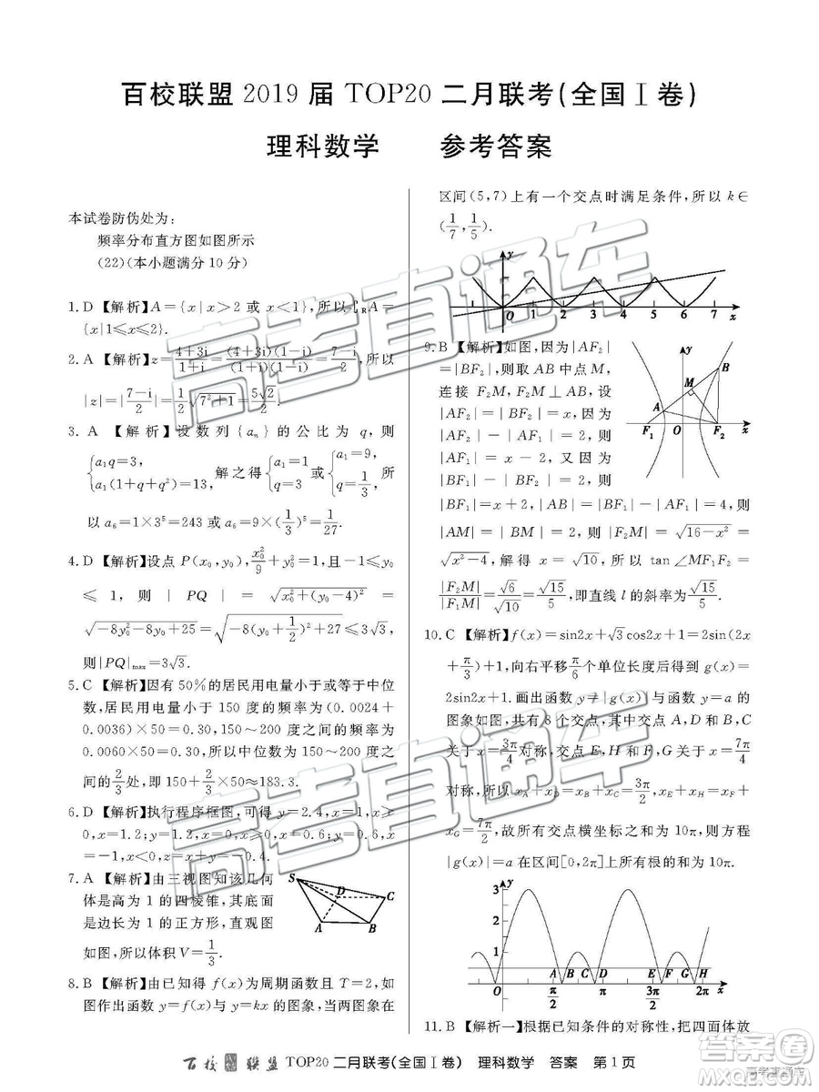 2019年百校聯(lián)盟TOP20二月聯(lián)考全國Ⅰ卷理數(shù)試題及參考答案