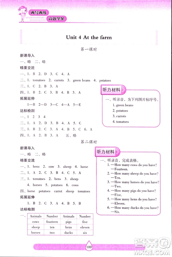 新課標2019人教版兩導兩練高效學案英語四年級下冊答案