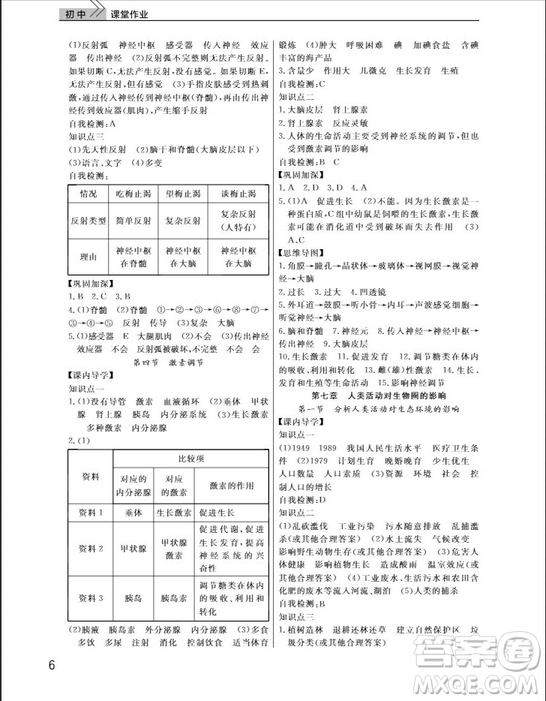 武漢出版社2019智慧學習課堂作業(yè)八年級生物下冊人教版答案