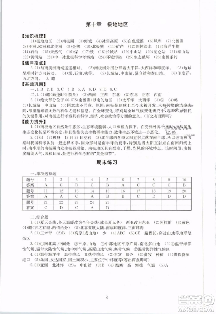 2019年海淀名師伴你學(xué)同步學(xué)練測七年級地理下冊第2版參考答案