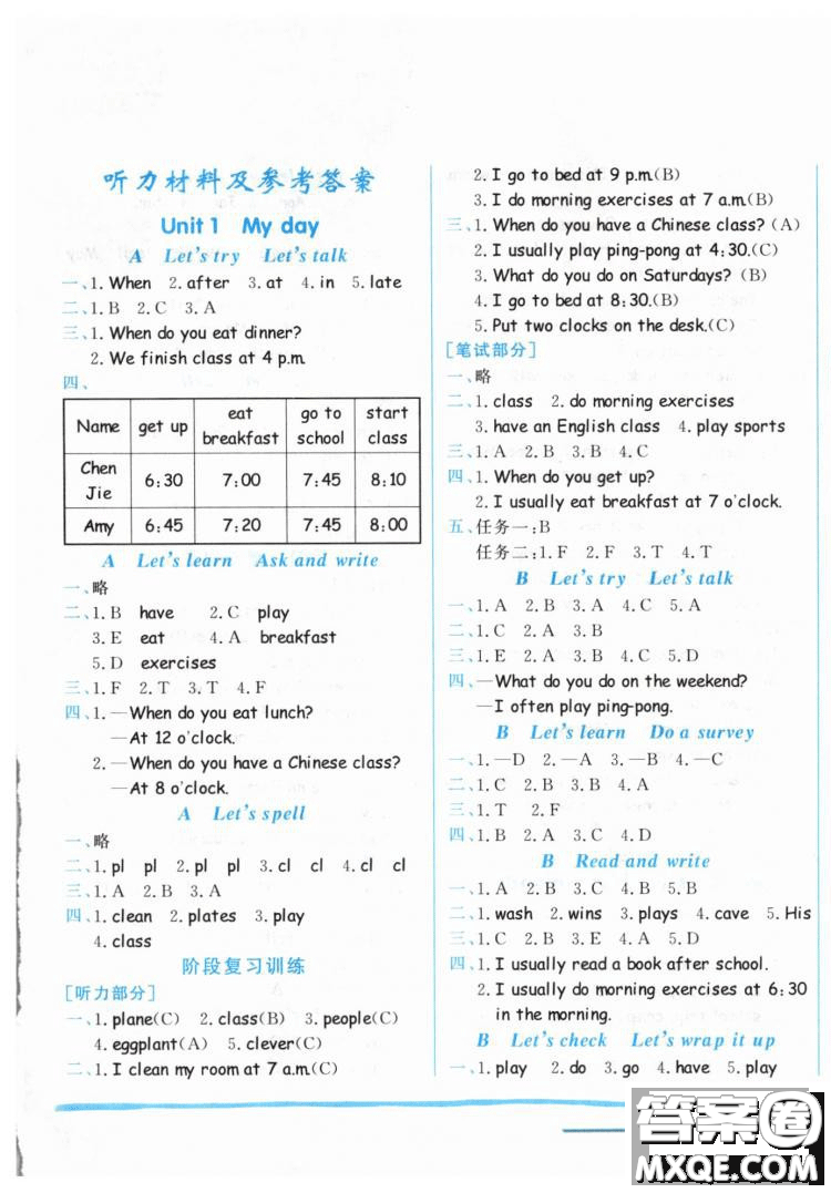 2019春黃岡小狀元作業(yè)本五年級下冊英語人教版PEP參考答案