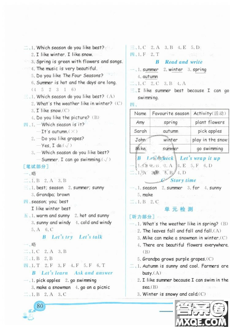 2019春黃岡小狀元作業(yè)本五年級下冊英語人教版PEP參考答案