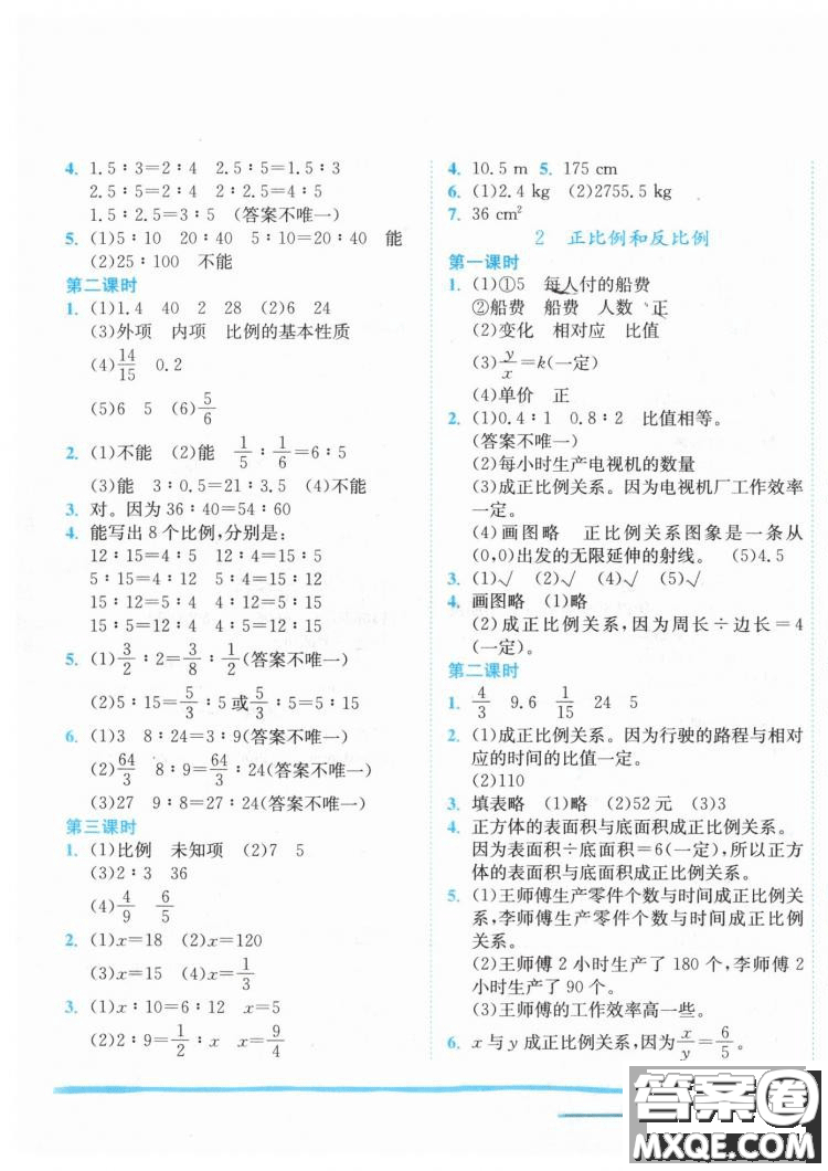 最新修訂版2019年黃岡小狀元六年級(jí)下數(shù)學(xué)人教版作業(yè)本參考答案