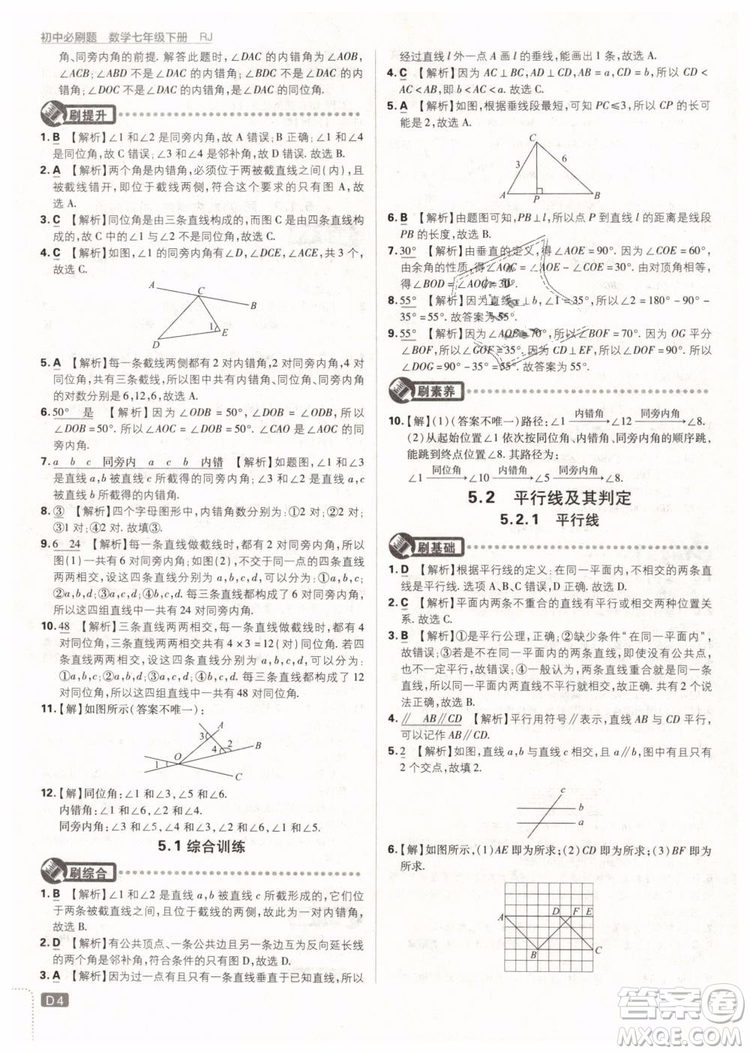 2019版初中必刷題七年級下冊數(shù)學RJ人教版參考答案