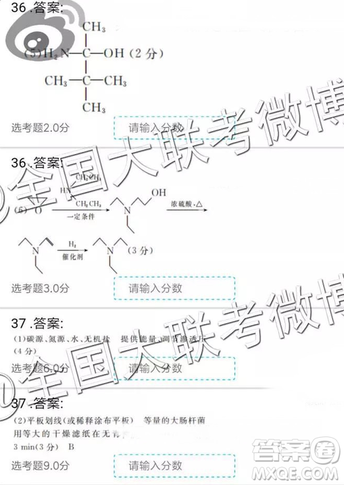 2019年全國(guó)普通高中高三二月大聯(lián)考理綜參考答案