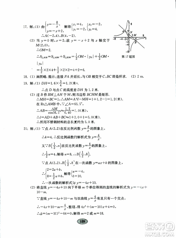 2019年金鑰匙數(shù)學(xué)試卷人教版九年級(jí)下冊(cè)參考答案