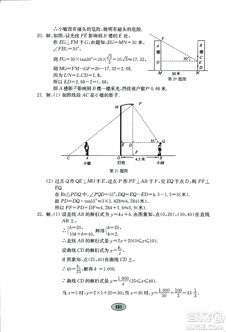 2019年金鑰匙數(shù)學(xué)試卷人教版九年級(jí)下冊(cè)參考答案