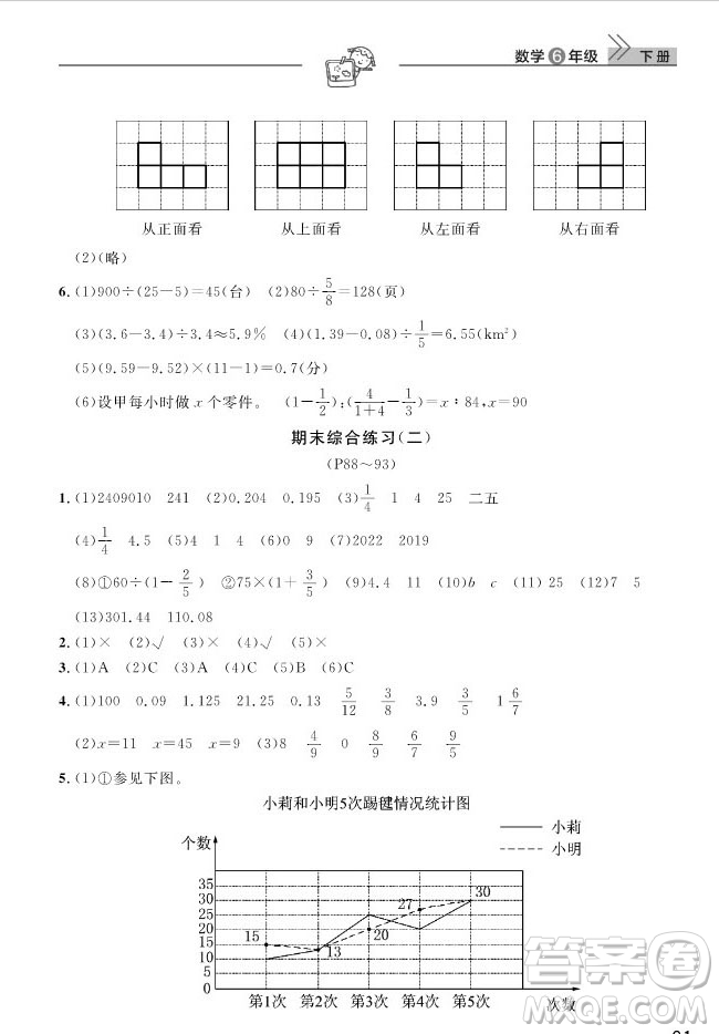 武漢出版社2019天天向上課堂作業(yè)六年級(jí)下冊(cè)數(shù)學(xué)人教版答案