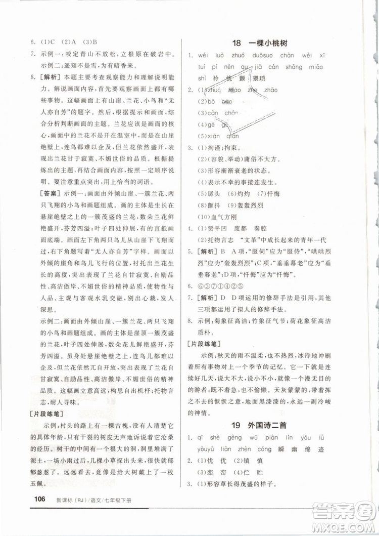 全品基礎(chǔ)小練習(xí)2019年七年級下冊語文人教版RJ參考答案