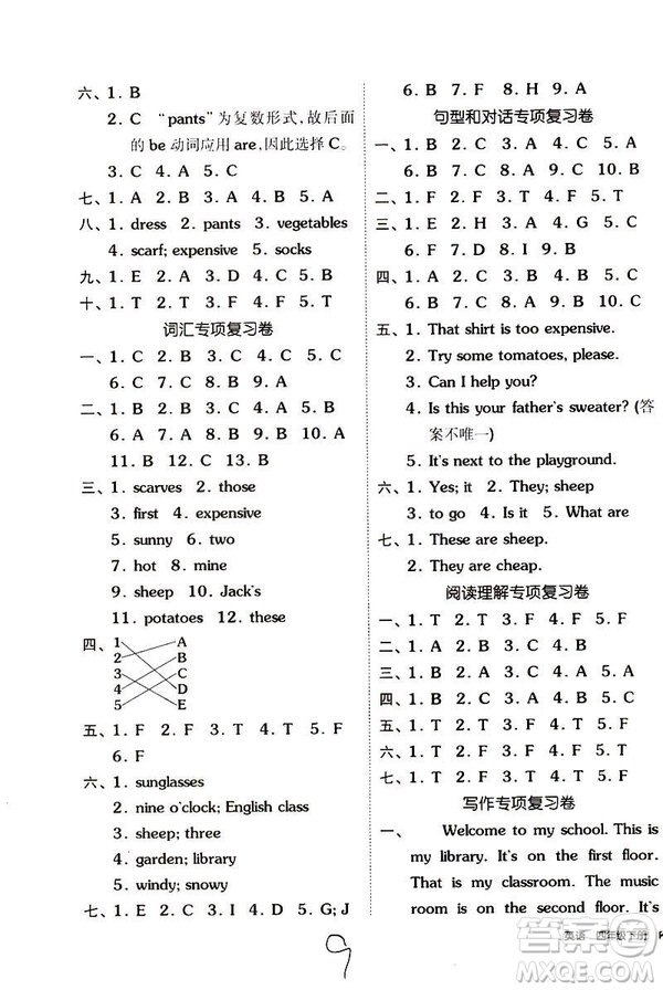 2019春全品小復(fù)習(xí)小學(xué)英語(yǔ)四年級(jí)下冊(cè)RJ版PEP人教版答案