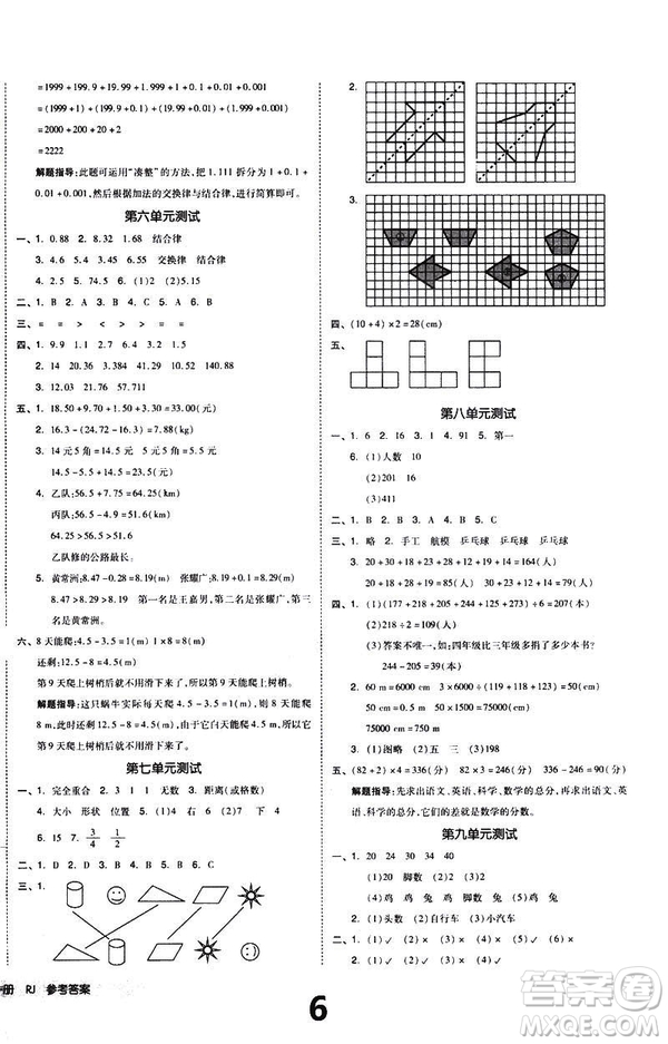 2019春全品小復(fù)習(xí)小學(xué)數(shù)學(xué)四年級(jí)下冊(cè)人教版RJ參考答案