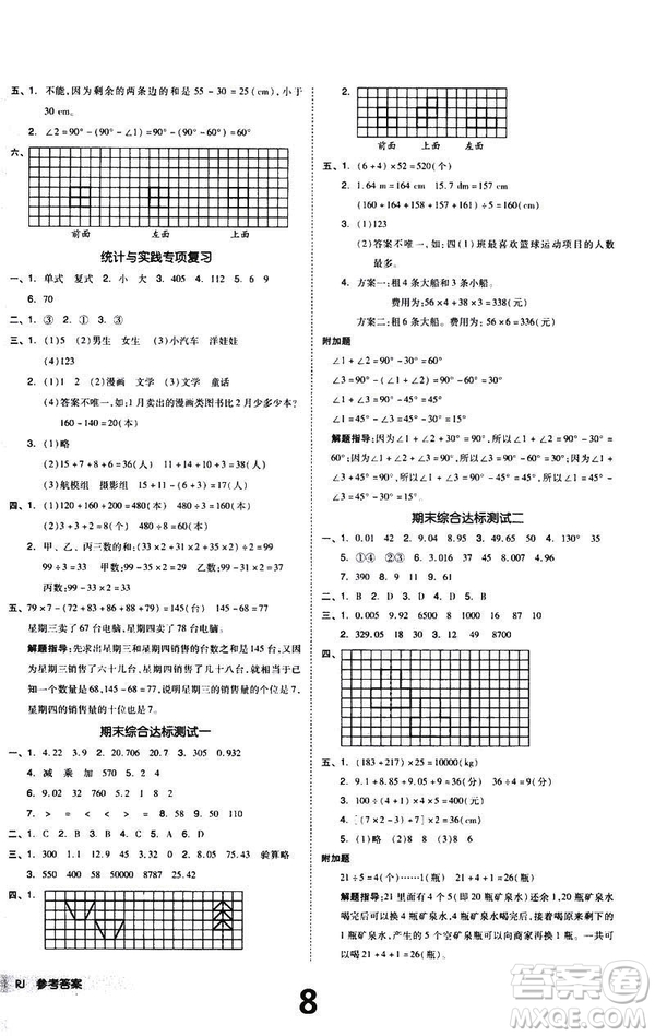 2019春全品小復(fù)習(xí)小學(xué)數(shù)學(xué)四年級(jí)下冊(cè)人教版RJ參考答案