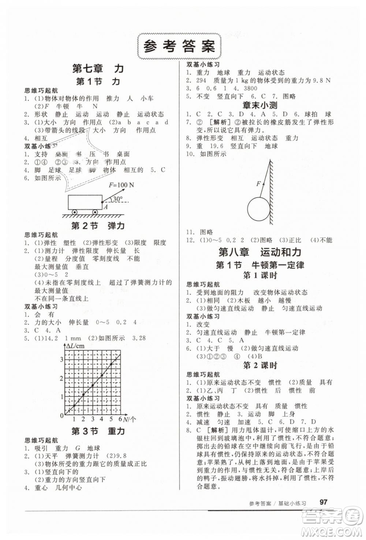 全品基礎(chǔ)小練習(xí)2019春八年級(jí)下冊(cè)物理人教版RJ答案 