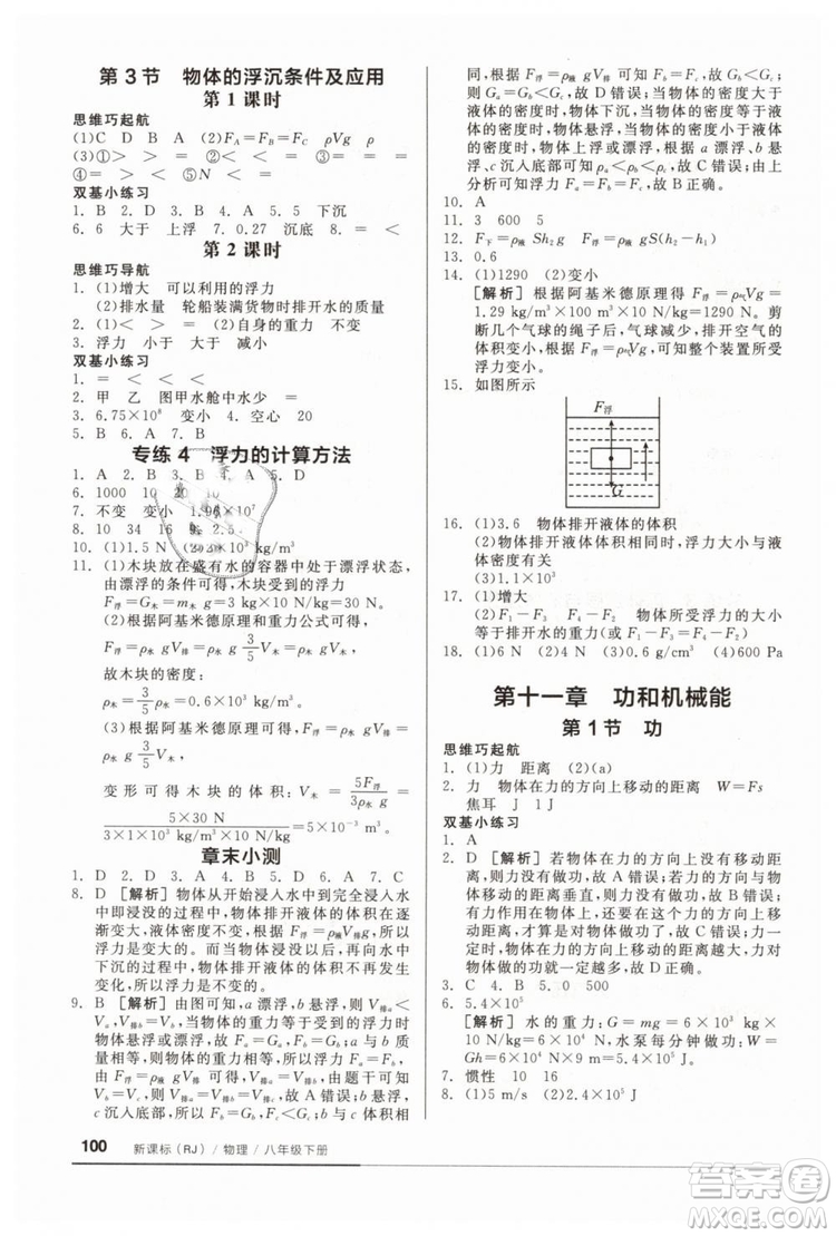 全品基礎(chǔ)小練習(xí)2019春八年級(jí)下冊(cè)物理人教版RJ答案 