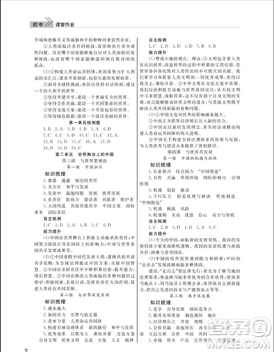 武漢出版社2019智慧學習課堂作業(yè)九年級下冊道德與法治人教版答案