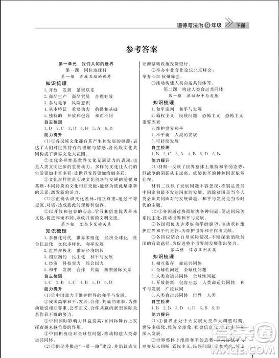 武漢出版社2019智慧學習課堂作業(yè)九年級下冊道德與法治人教版答案