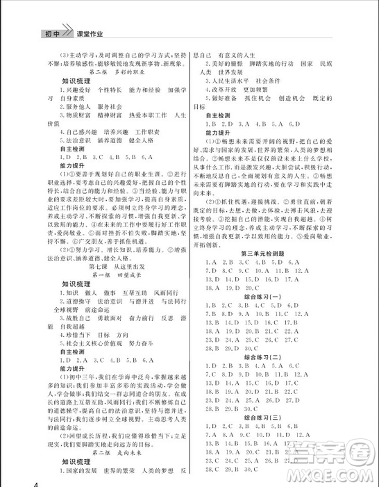 武漢出版社2019智慧學習課堂作業(yè)九年級下冊道德與法治人教版答案