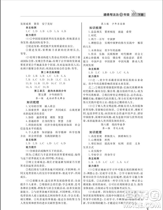 武漢出版社2019智慧學習課堂作業(yè)九年級下冊道德與法治人教版答案