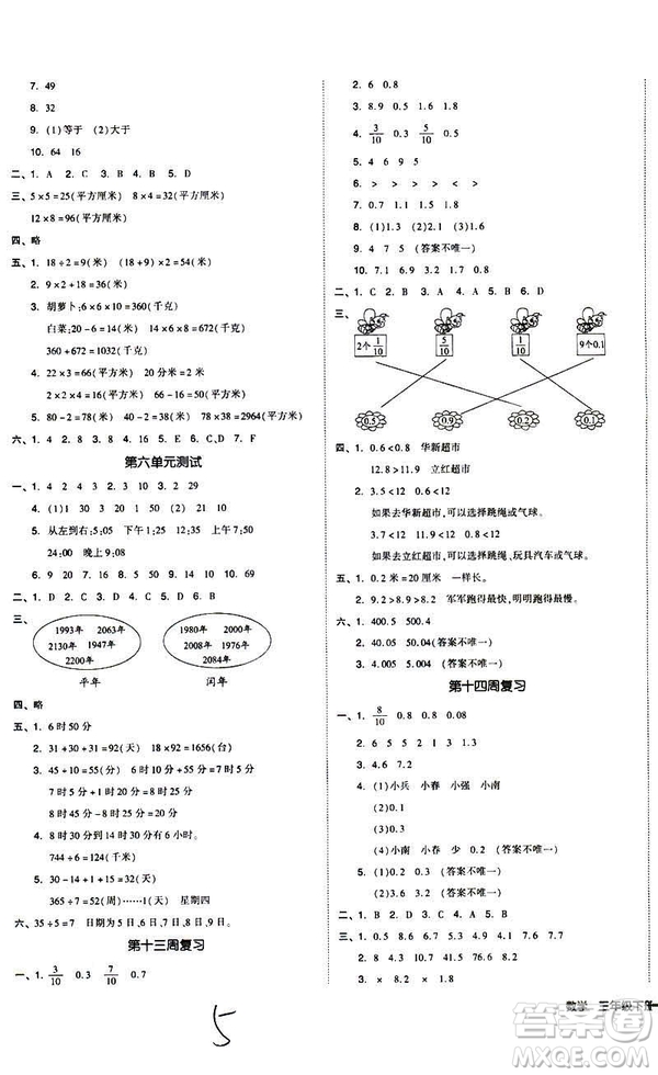 2019春全品小復(fù)習(xí)小學(xué)數(shù)學(xué)三年級(jí)下冊(cè)人教版RJ參考答案