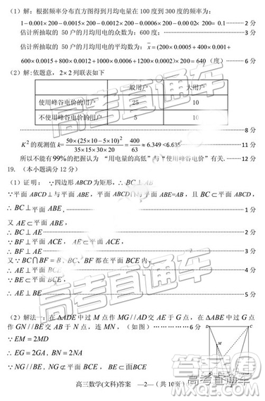 2019年2月福州市高中畢業(yè)班質(zhì)量檢測(cè)文數(shù)試卷參考答案