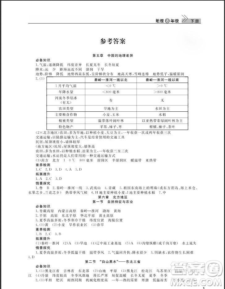 武漢出版社2019智慧學(xué)習(xí)課堂作業(yè)八年級(jí)地理下冊(cè)人教版答案