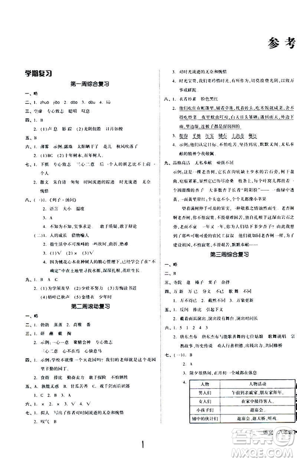 2019春全品小復(fù)習(xí)小學(xué)語(yǔ)文六年級(jí)下冊(cè)人教版參考答案