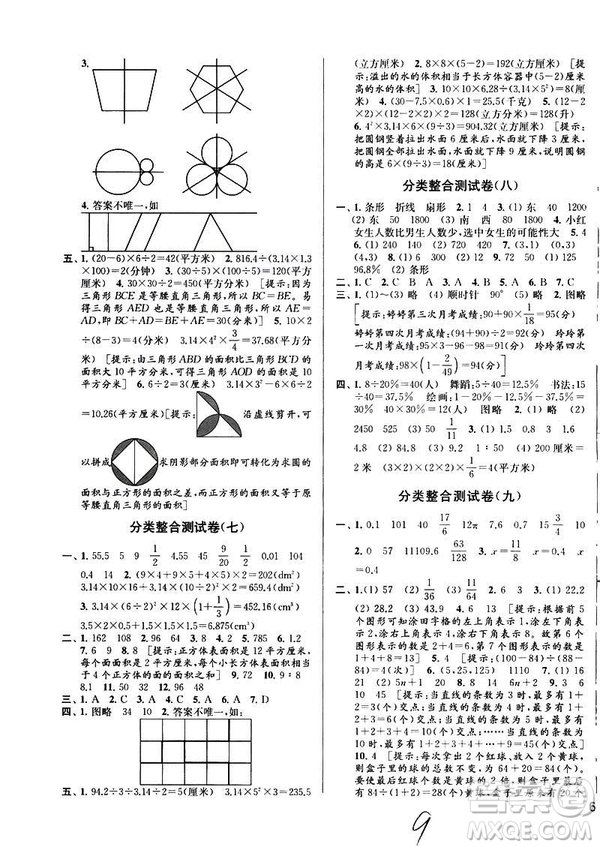 2019亮點(diǎn)給力大試卷江蘇版六年級數(shù)學(xué)下冊參考答案