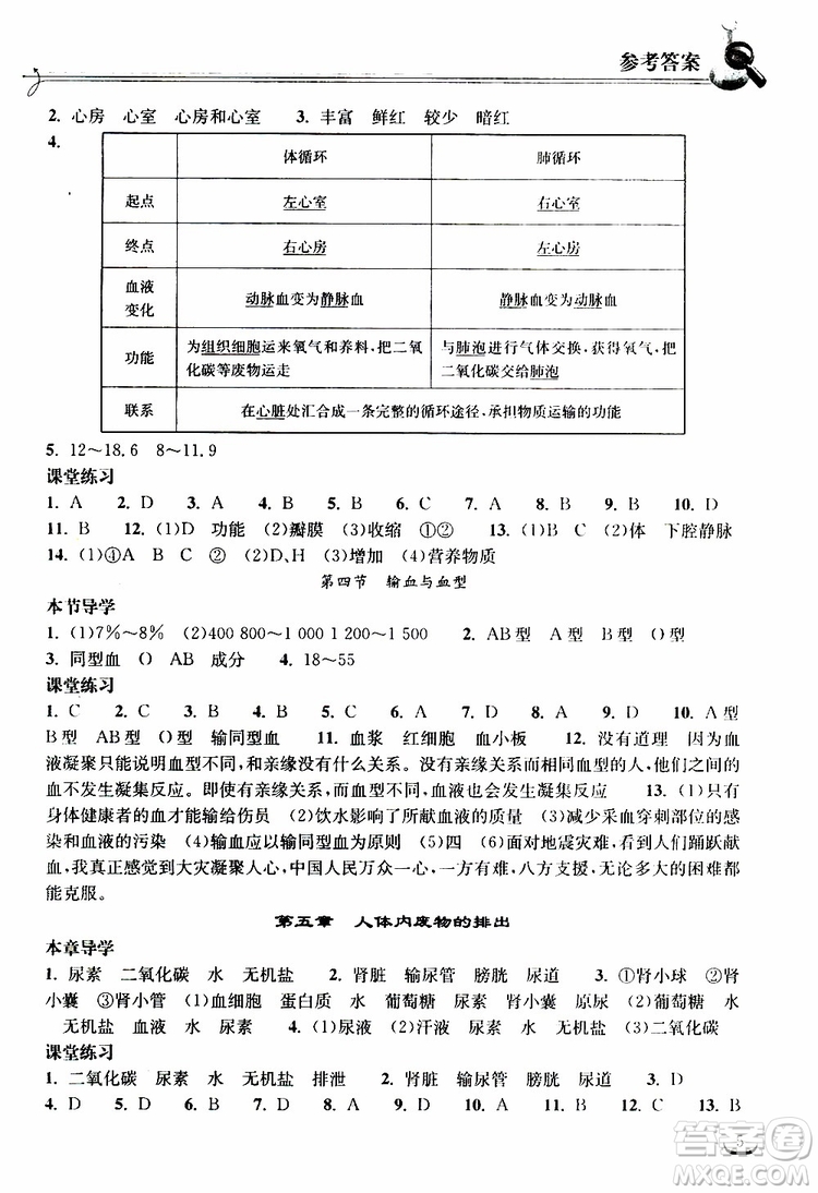 2019長(zhǎng)江作業(yè)本同步練習(xí)冊(cè)生物學(xué)七年級(jí)下冊(cè)人教版參考答案