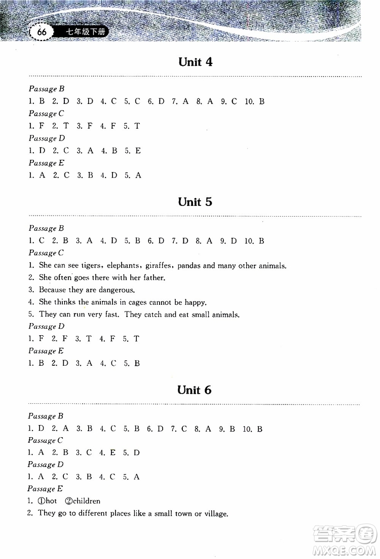 2019版長江作業(yè)本初中英語閱讀訓(xùn)練七年級(jí)下冊人教版參考答案