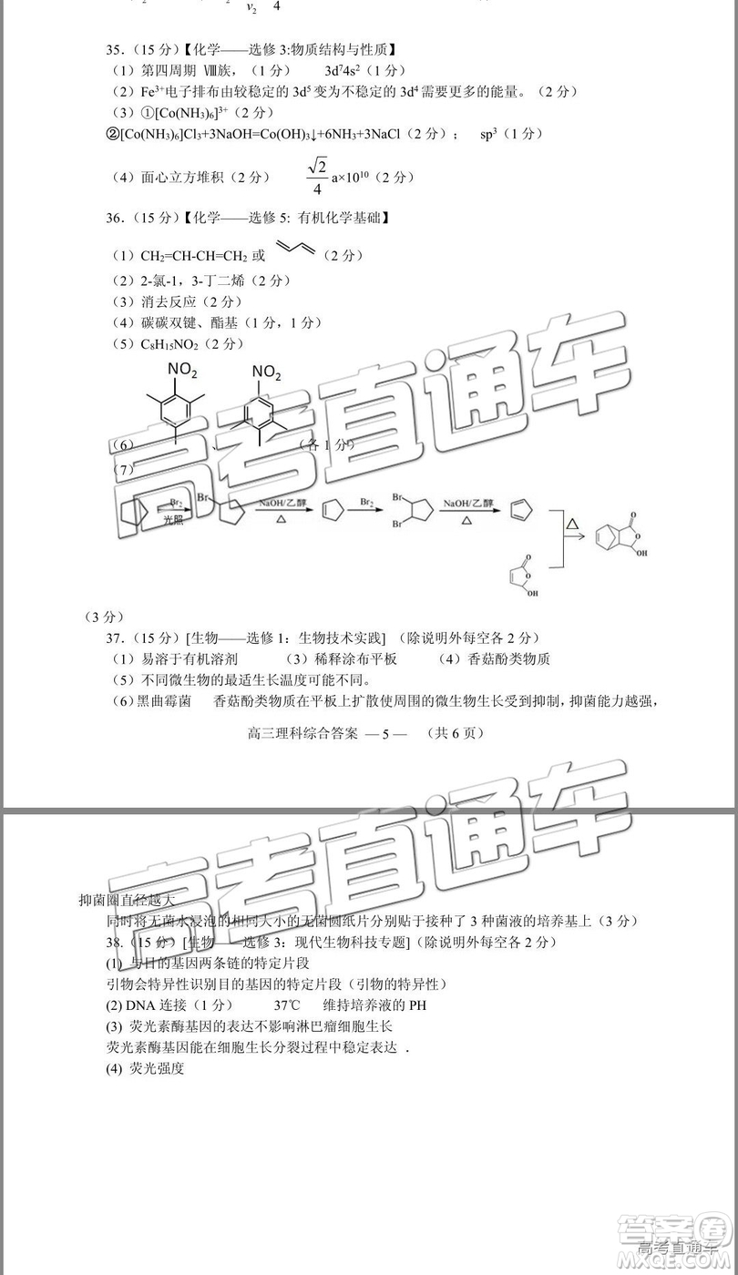 2019年2月高三福州質(zhì)檢理綜參考答案