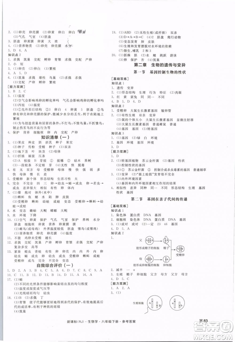 2019版全品作業(yè)本八年級下冊生物學(xué)RJ人教版參考答案