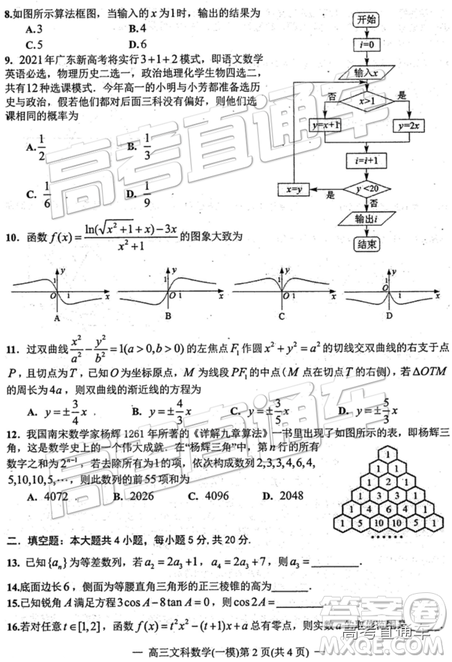 2019年高三南昌一模文數試題及參考答案