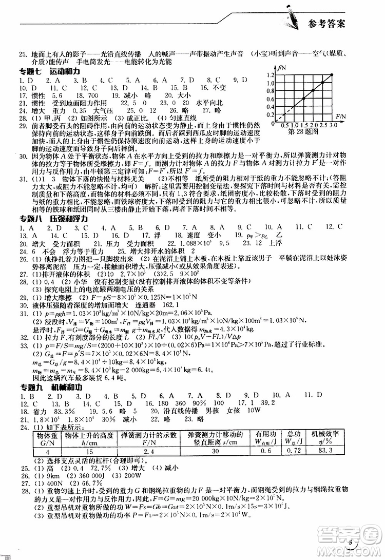 2019年長江作業(yè)本九年級下冊物理人教版同步練習(xí)冊參考答案