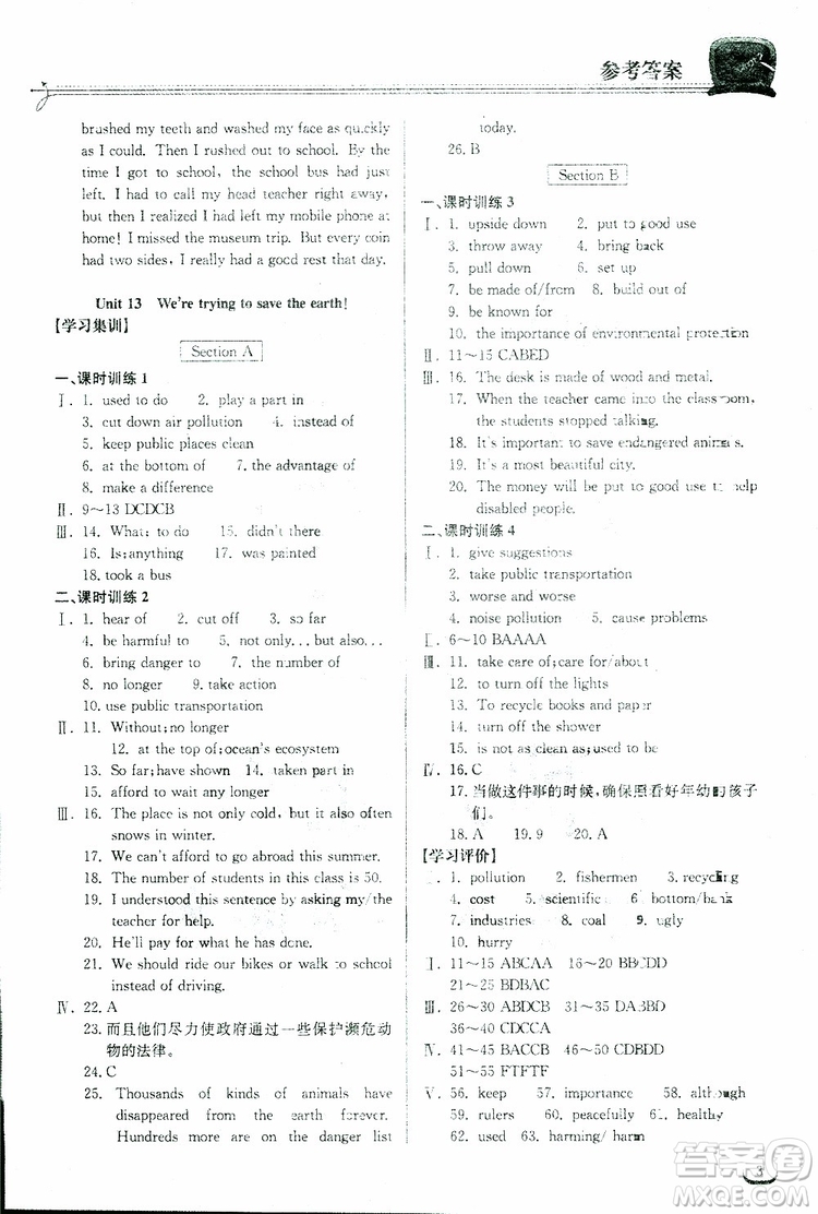 2019新版長江作業(yè)本同步練習(xí)冊九年級英語下冊人教版參考答案